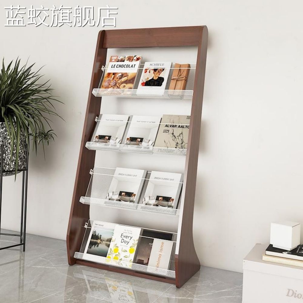 잡지꽂이 홍보물 원목 선반 게시대 진열대 신문 접이식 4단 메쉬 87x132x48cm - 상품 이미지