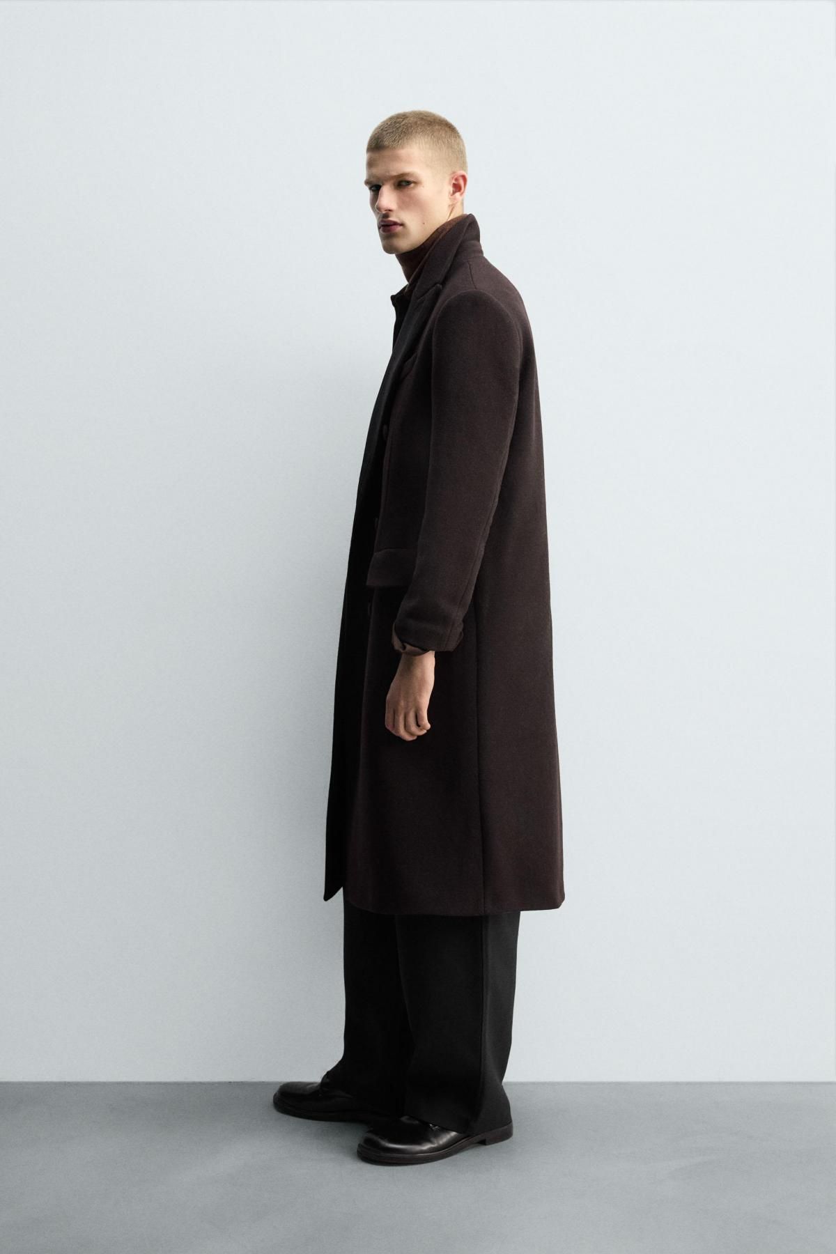 자라 울 더블브레스트 배색 라펠 코트 8281/716 DARK BROWN - 상세 이미지 5