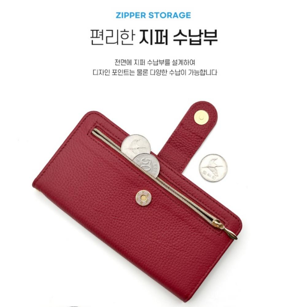 케이디 천연 소가죽 지퍼형 다이어리 카드 지갑 케이스 버건디, 갤럭시A24 - 상세 이미지 3