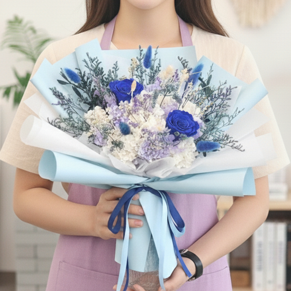 드라이플라워 프리저브드플라워 졸업식 꽃다발 미니 꽃선물 시들지않는꽃 파랑장미수국 제품 이미지