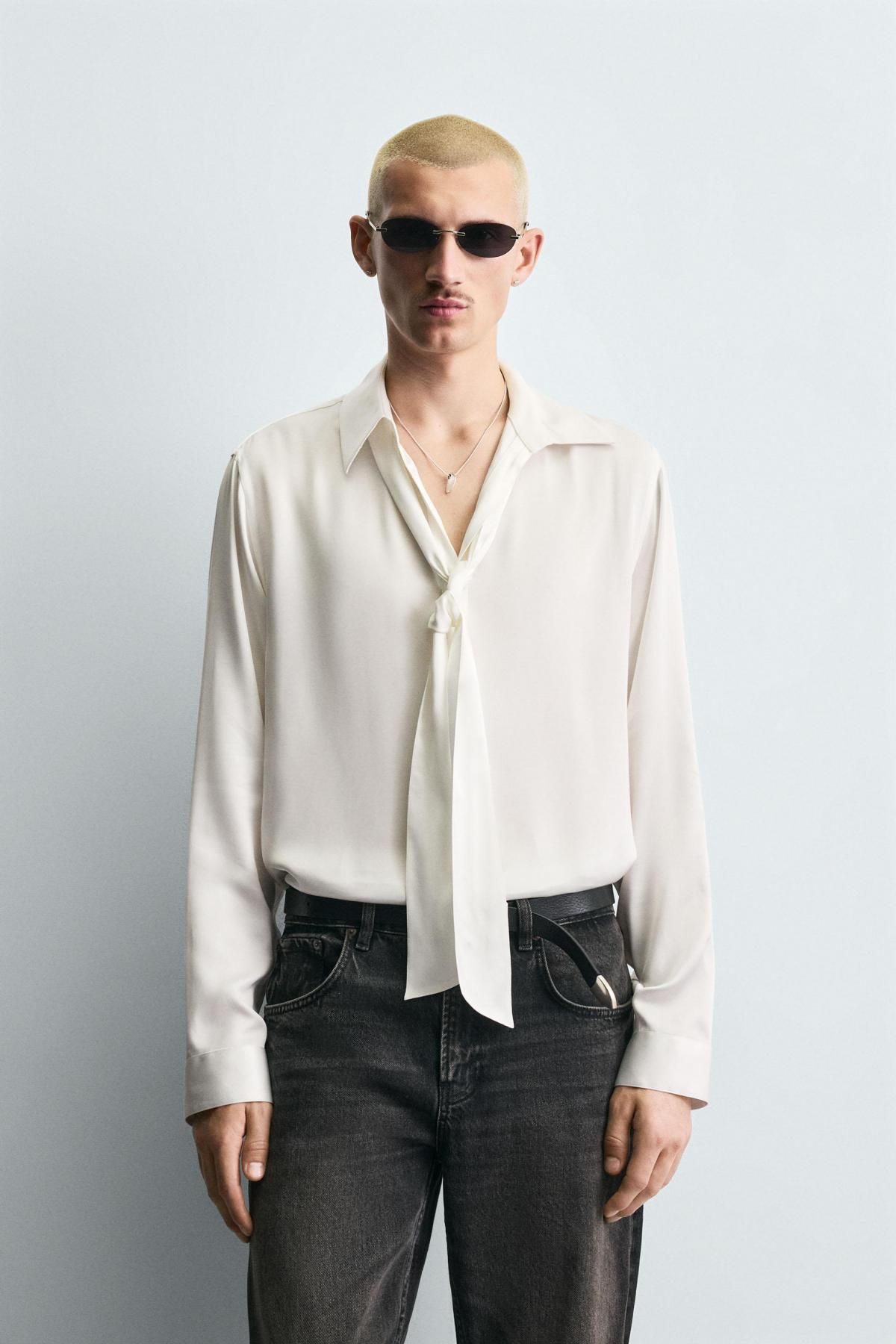 자라 테크니컬 비스코스 타이 긴팔 셔츠 9371/961 OYSTER-WHITE - 상세 이미지 3