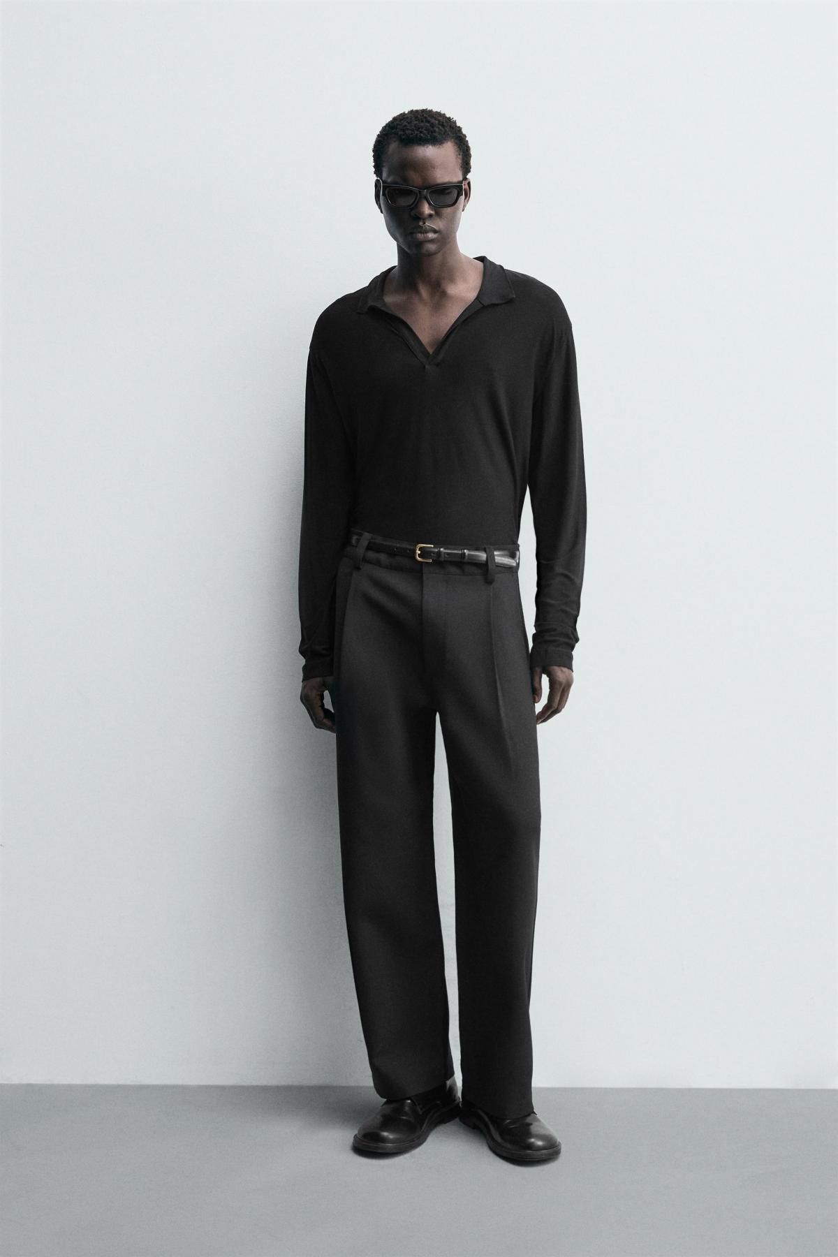 자라 세미시스루 라이오셀 긴팔 폴로셔츠 5644/397 BLACK - 상세 이미지 2