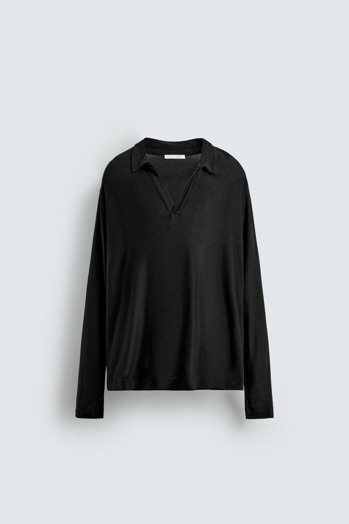자라 세미시스루 라이오셀 긴팔 폴로셔츠 5644/397 BLACK - 상품 이미지