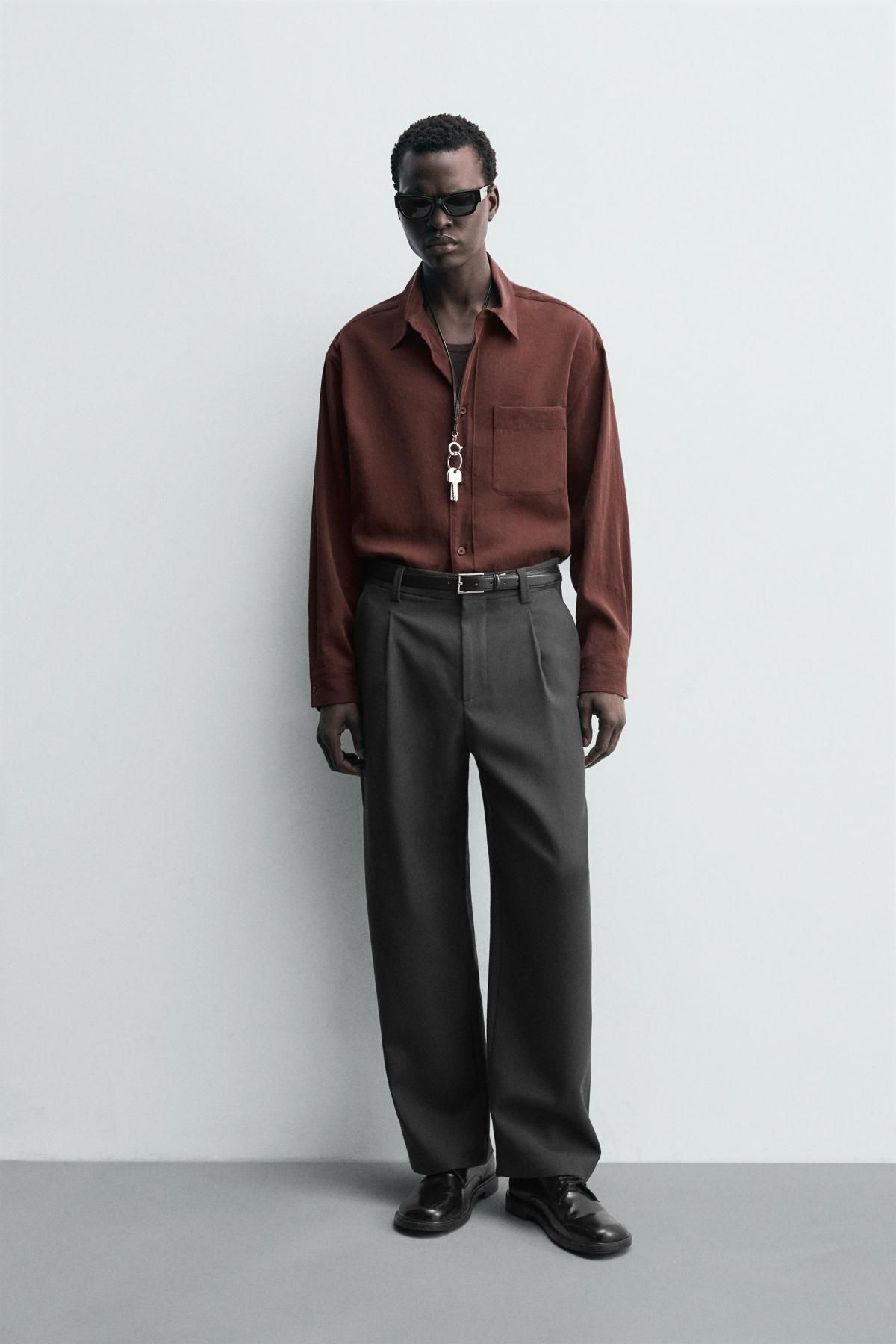 자라 릴렉스핏 브라운 테크니컬 긴팔 셔츠 9369/180 BURGUNDY - 상세 이미지 2