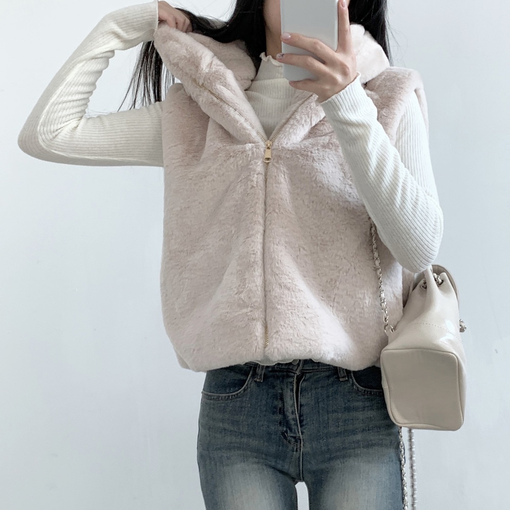 인조밍크베스트 후드 집업 겨울 퍼 털 레이어드 연말룩 조끼 - 상세 이미지 2