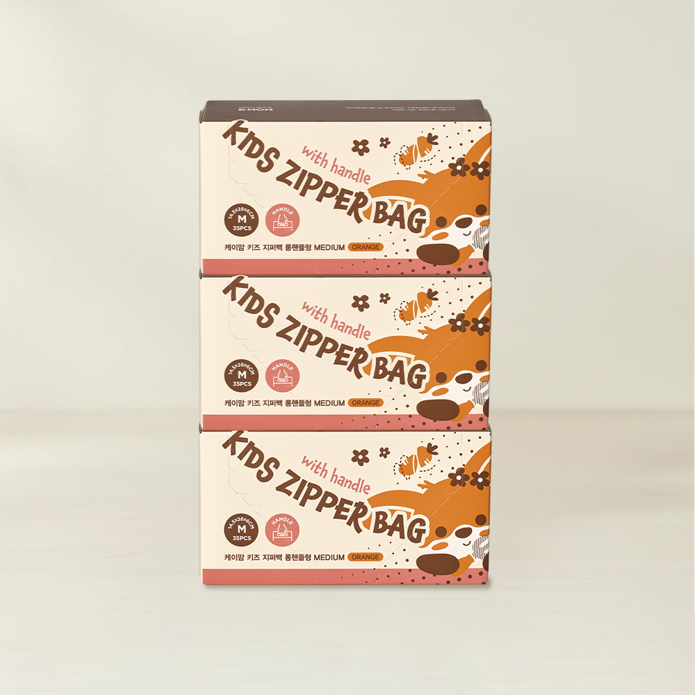 케이맘 캐릭터 지퍼백 롱핸들형 Medium 35매 Orange 3개 - 상품 이미지