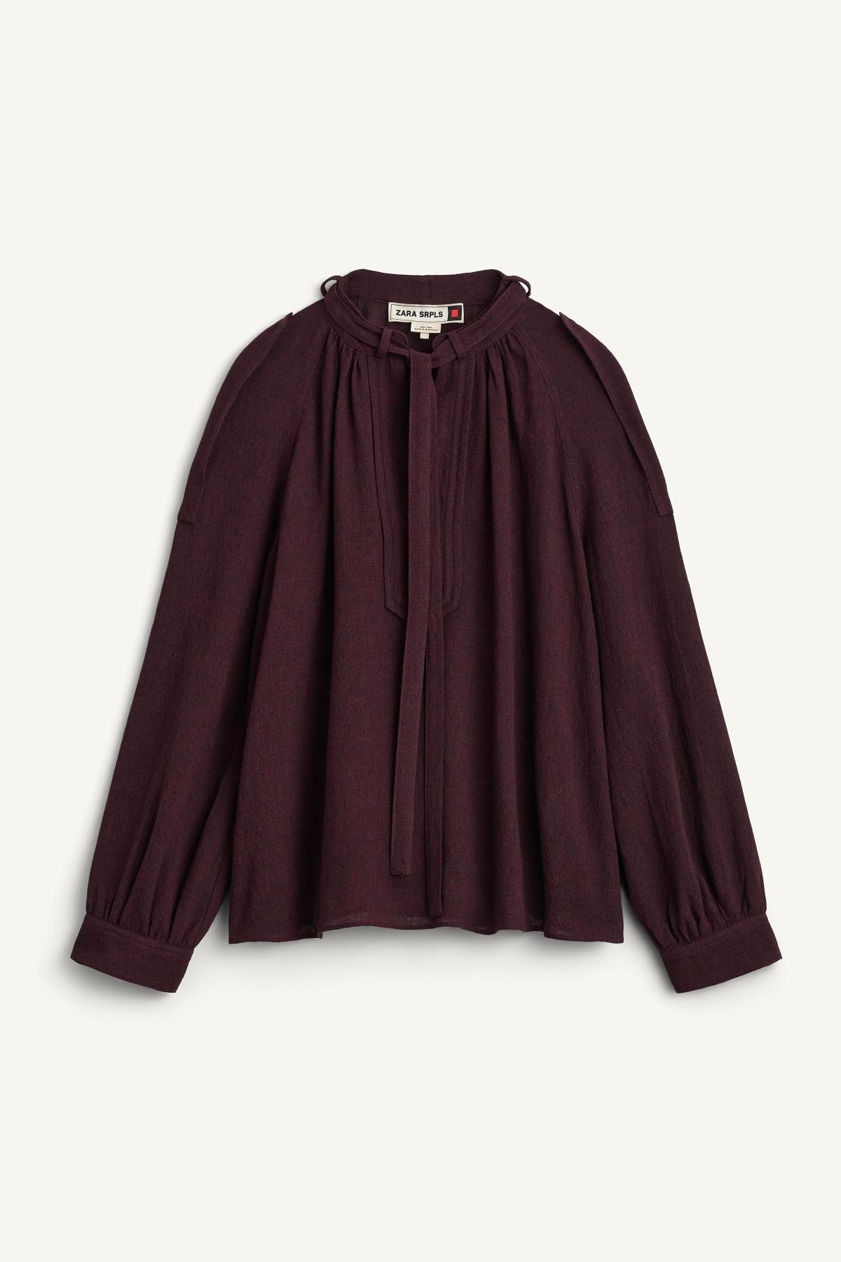 자라 프리미엄 울혼방 브이넥 리본 블라우스 8979/255 BURGUNDY - 상품 이미지