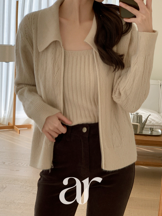 (울함유나시+집업세트) 골지 슬리브리스 투웨이 카라 집업 세트 st2752 대표 이미지