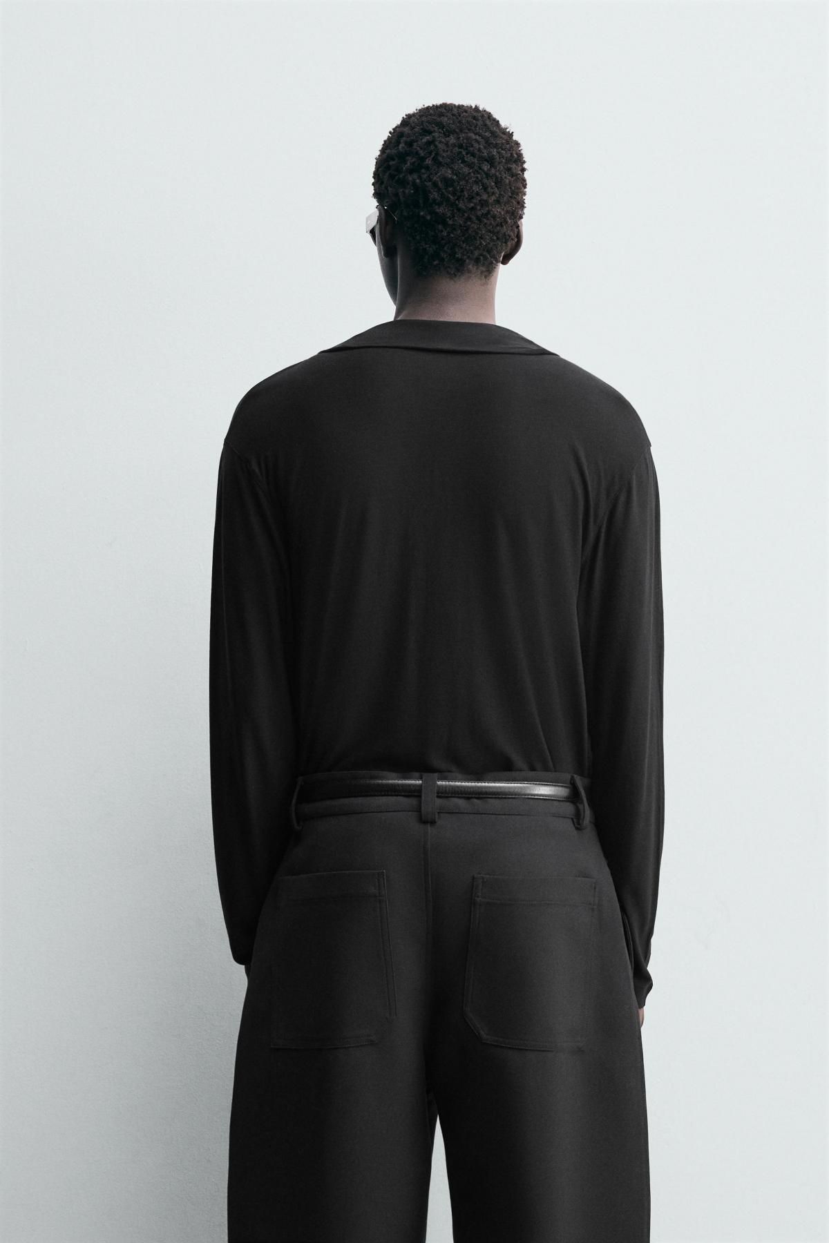 자라 세미시스루 라이오셀 긴팔 폴로셔츠 5644/397 BLACK - 상세 이미지 4