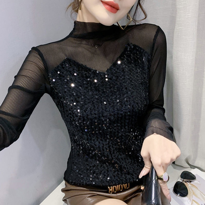 여성 라틴 댄스복 상의 화려한 라인댄스 슬림 댄스티 에어로빅복 방송 공연복 연습복 반짝이 - 상세 이미지 2