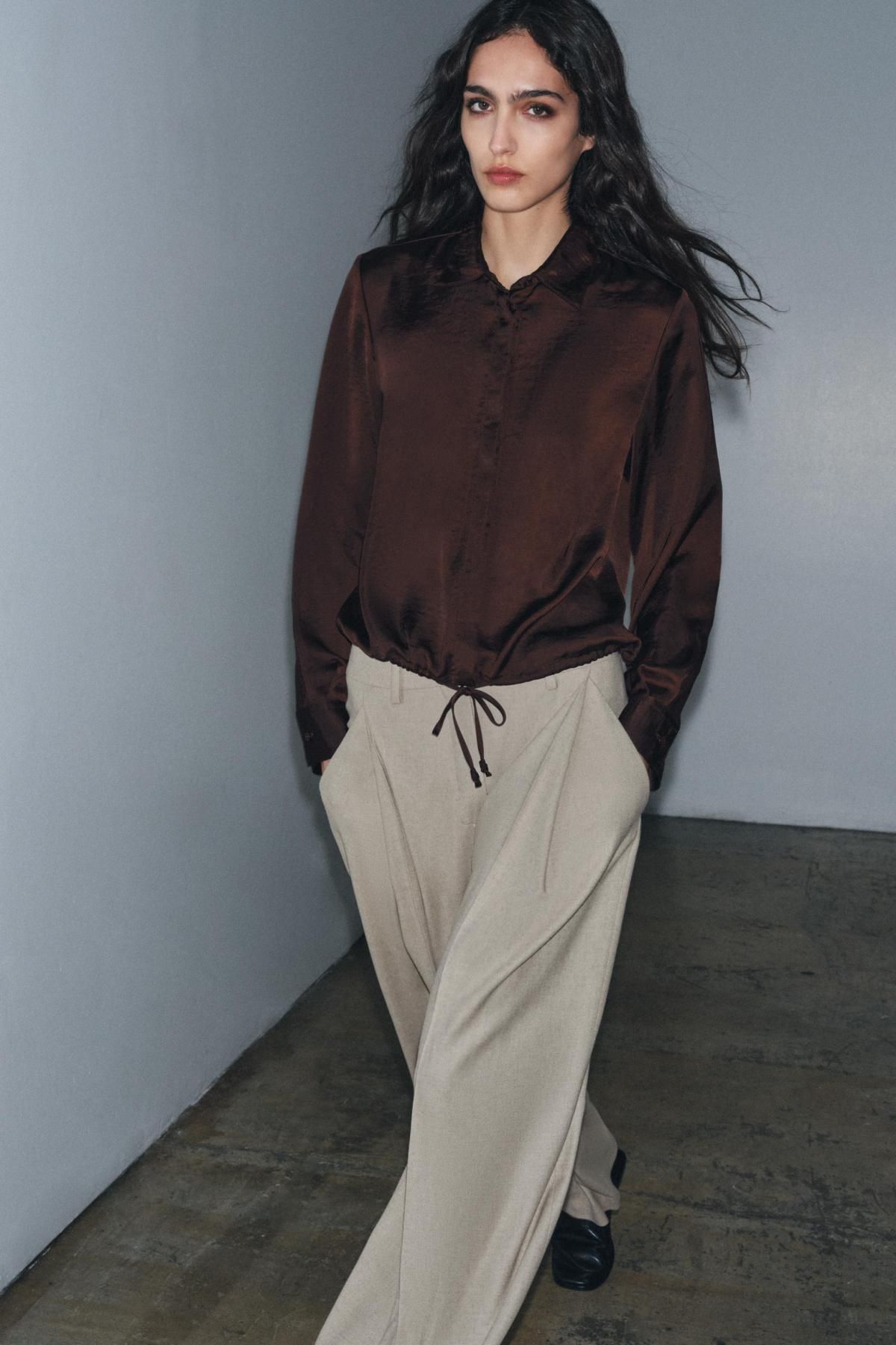 자라 드로스트링 새틴 긴팔 셔츠 9842/987 BROWN - 상세 이미지 2