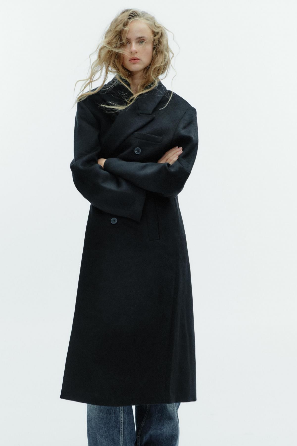 자라 울 블렌드 롱 더블 코트 블랙 1255/708 BLACK - 상세 이미지 3