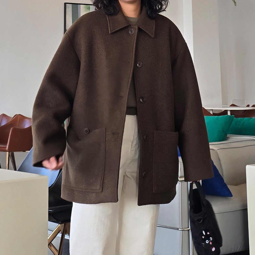 겨울 오버핏 울코트 싱글 오버핏 반코트 하프 키작녀코트 - 상세 이미지 3