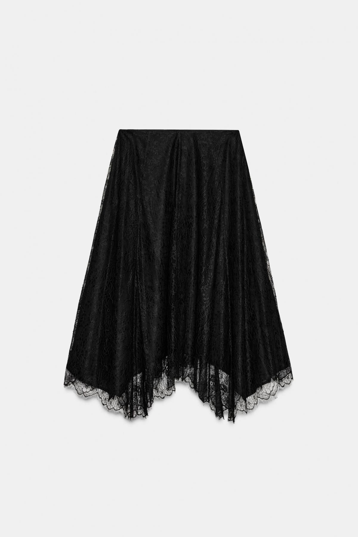 자라 레이스 미디 스커트 플레어 비대칭 헴 3920/044 BLACK - 상품 이미지