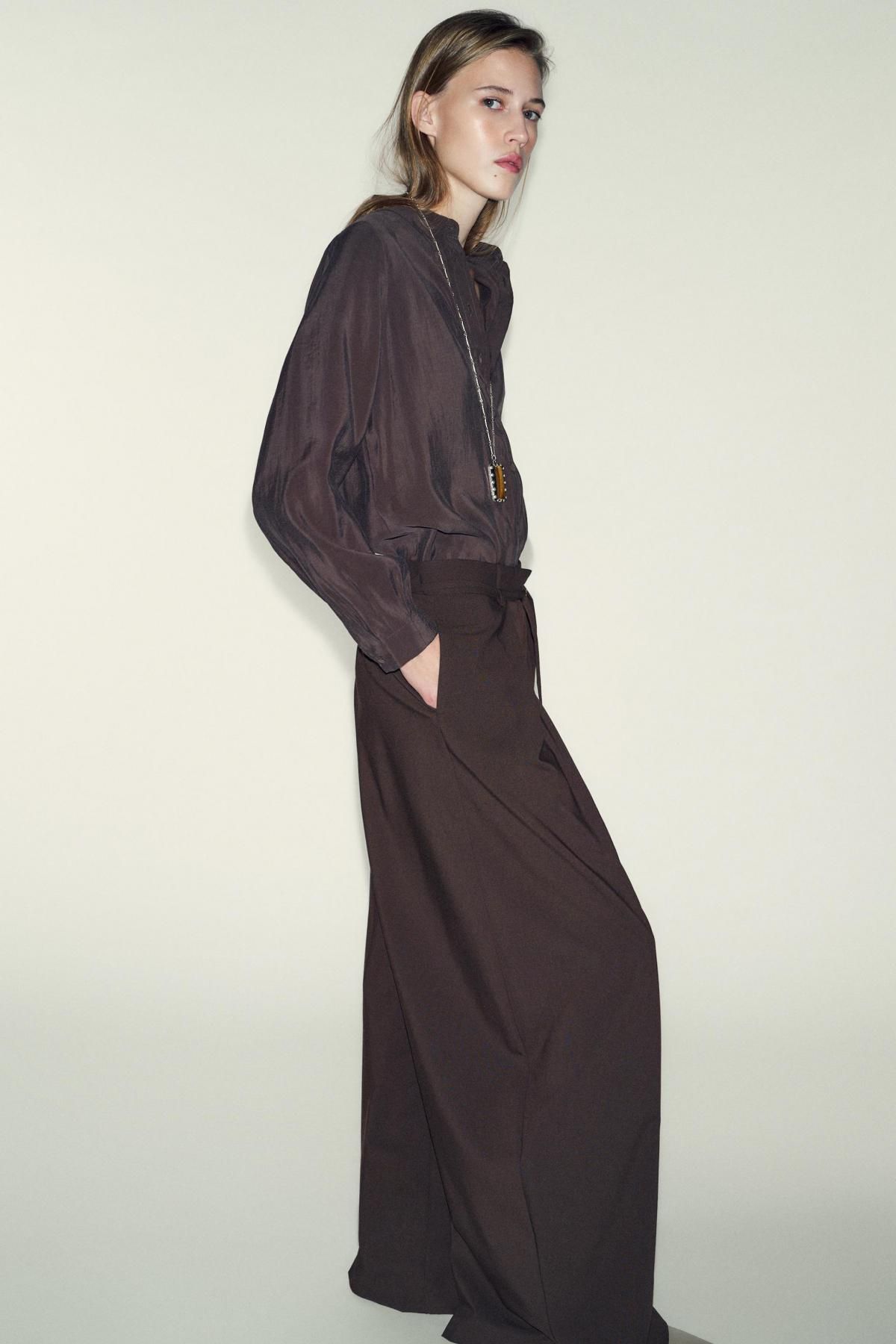 자라 하이웨이스트 테일러드 벨트 와이드 팬츠 2007/686 BROWN - 상세 이미지 4