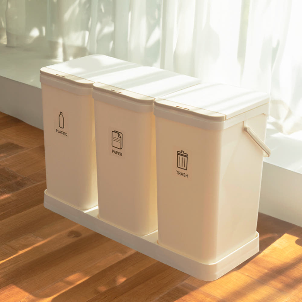 [네이버 단독] 모노플랫 3단 가정용  분리수거함 재활용 쓰레기통 그레이 스티커+전용봉투 30매