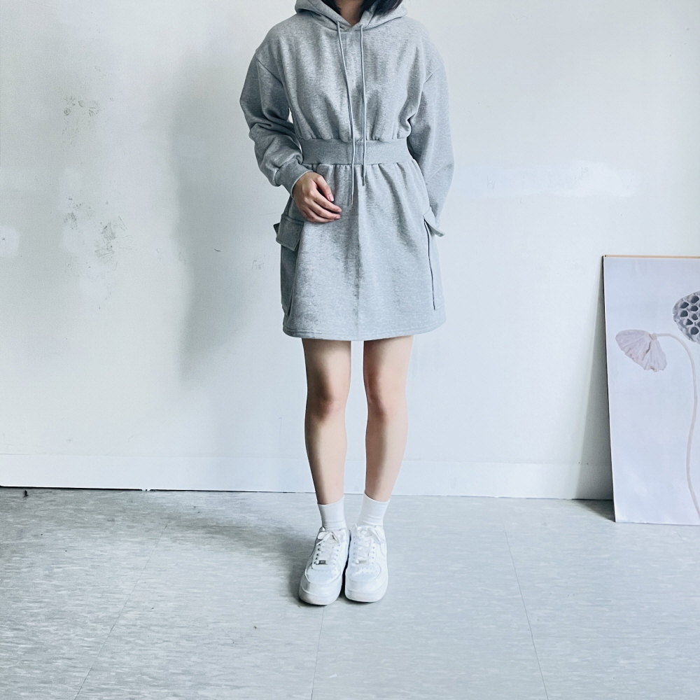 기모 후드원피스 키작녀 맨투맨 카고 미니 원피스 - 상세 이미지 3