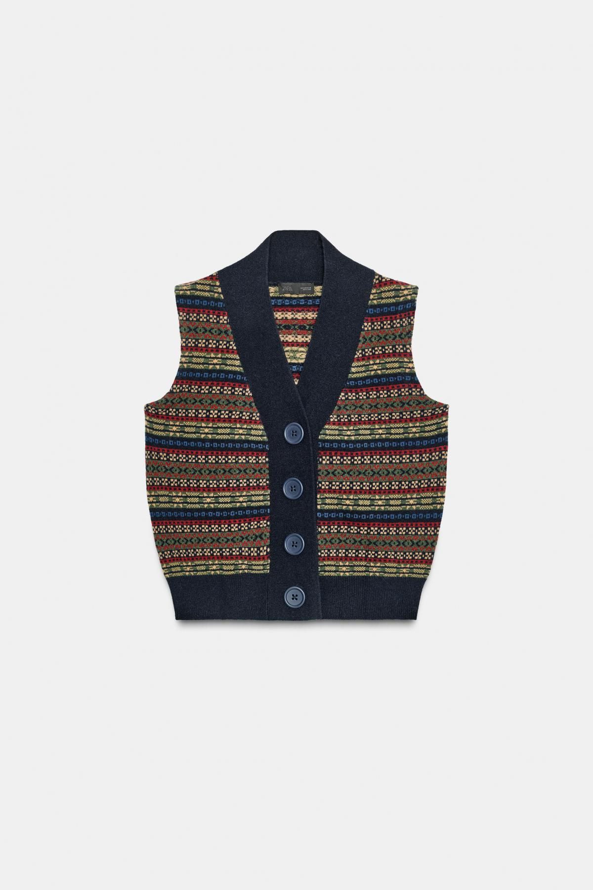 자라 자카드 니트 울블렌드 브이넥 베스트 3920/824 MULTICOLOURED - 메인 이미지