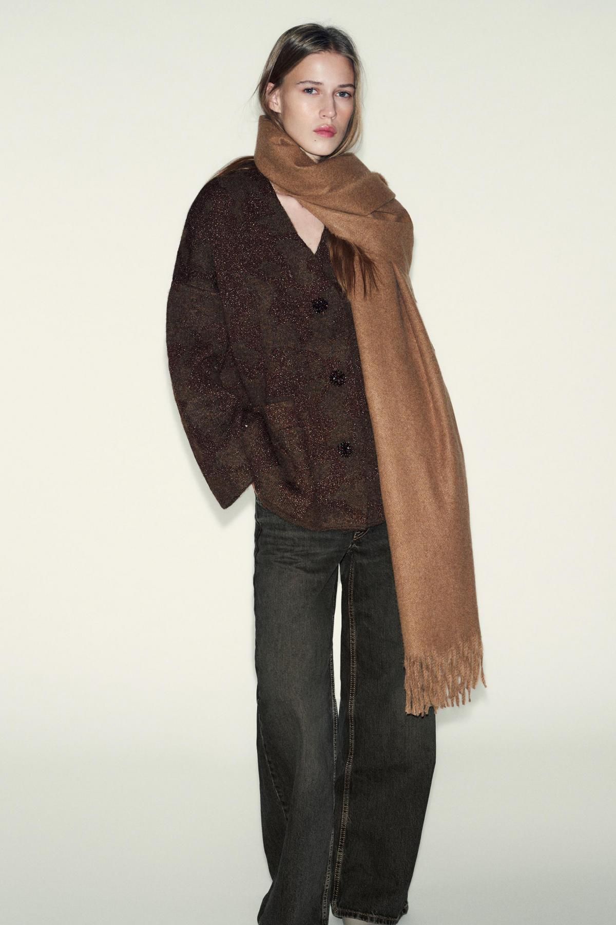 자라 메탈릭 브이넥 루즈핏 가디건 2756/106 BROWN - 상세 이미지 2