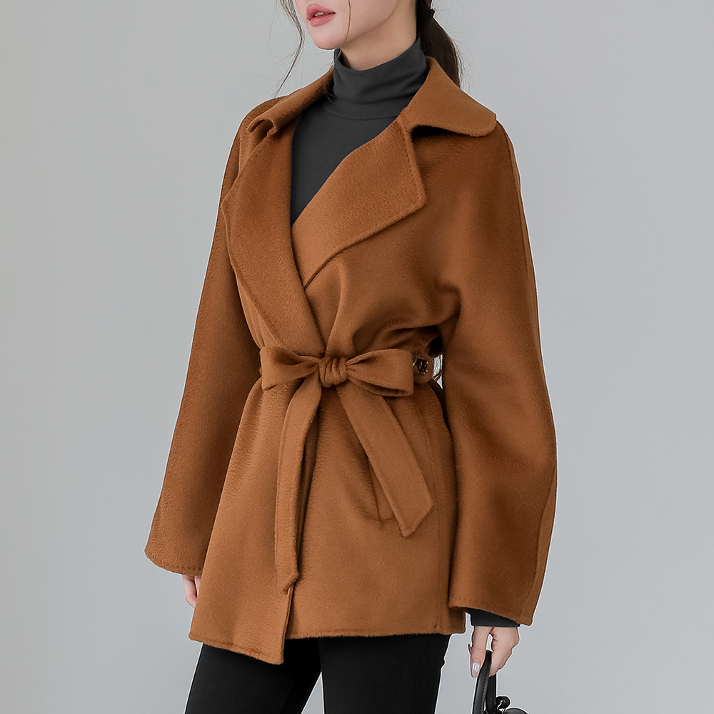 지블링 여성 울 핸드메이드 벨티드 랩 반코트 카멜 간절기 아우터