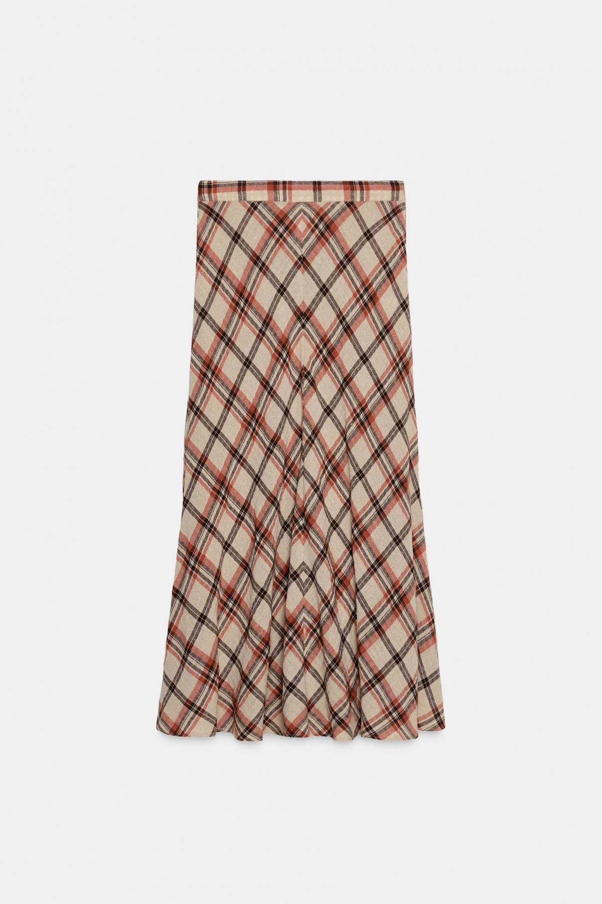자라 체크 미디 스커트 코튼 블렌드 6929/525 BEIGE - 메인 이미지