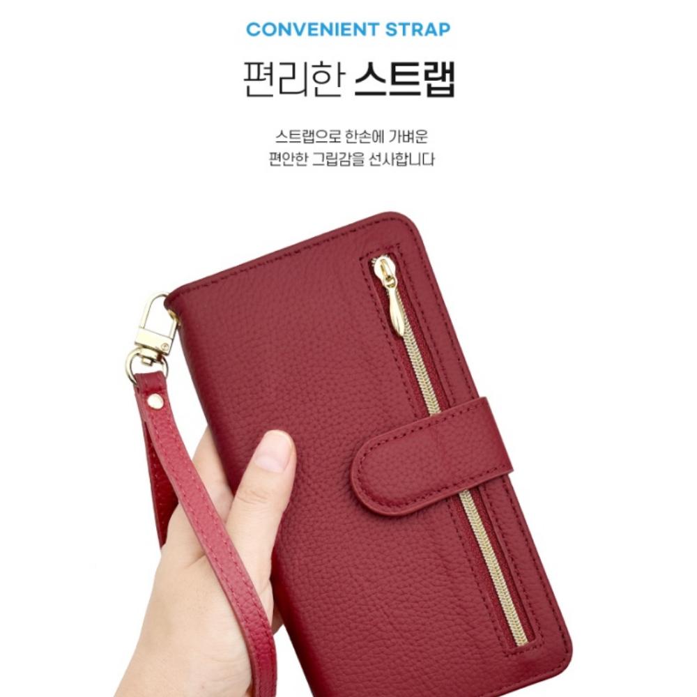 케이디 천연 소가죽 지퍼형 다이어리 카드 지갑 케이스 버건디, 갤럭시A24 - 상세 이미지 5