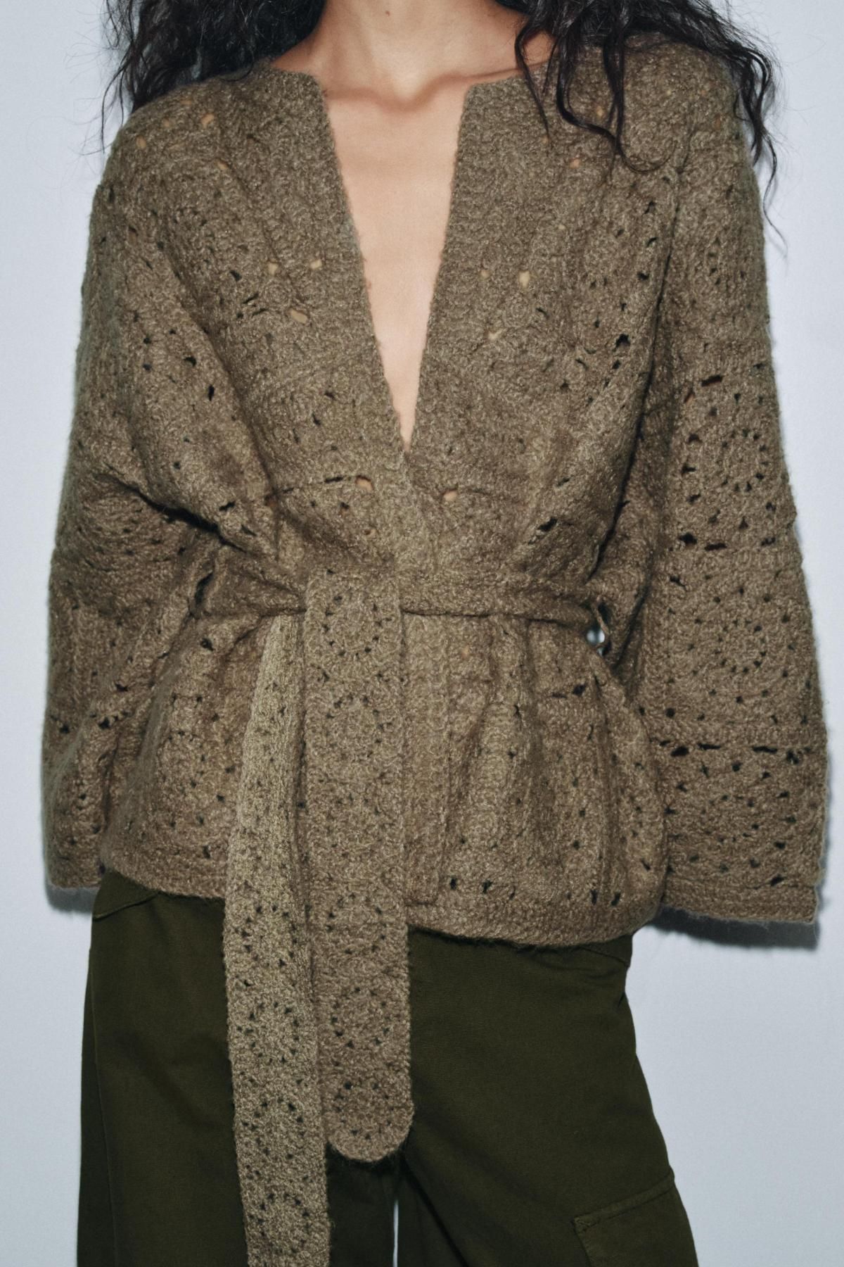 자라 레이스 오픈니트 벨티드 라운드넥 가디건 1957/107 LIGHT KHAKI 이미지 6