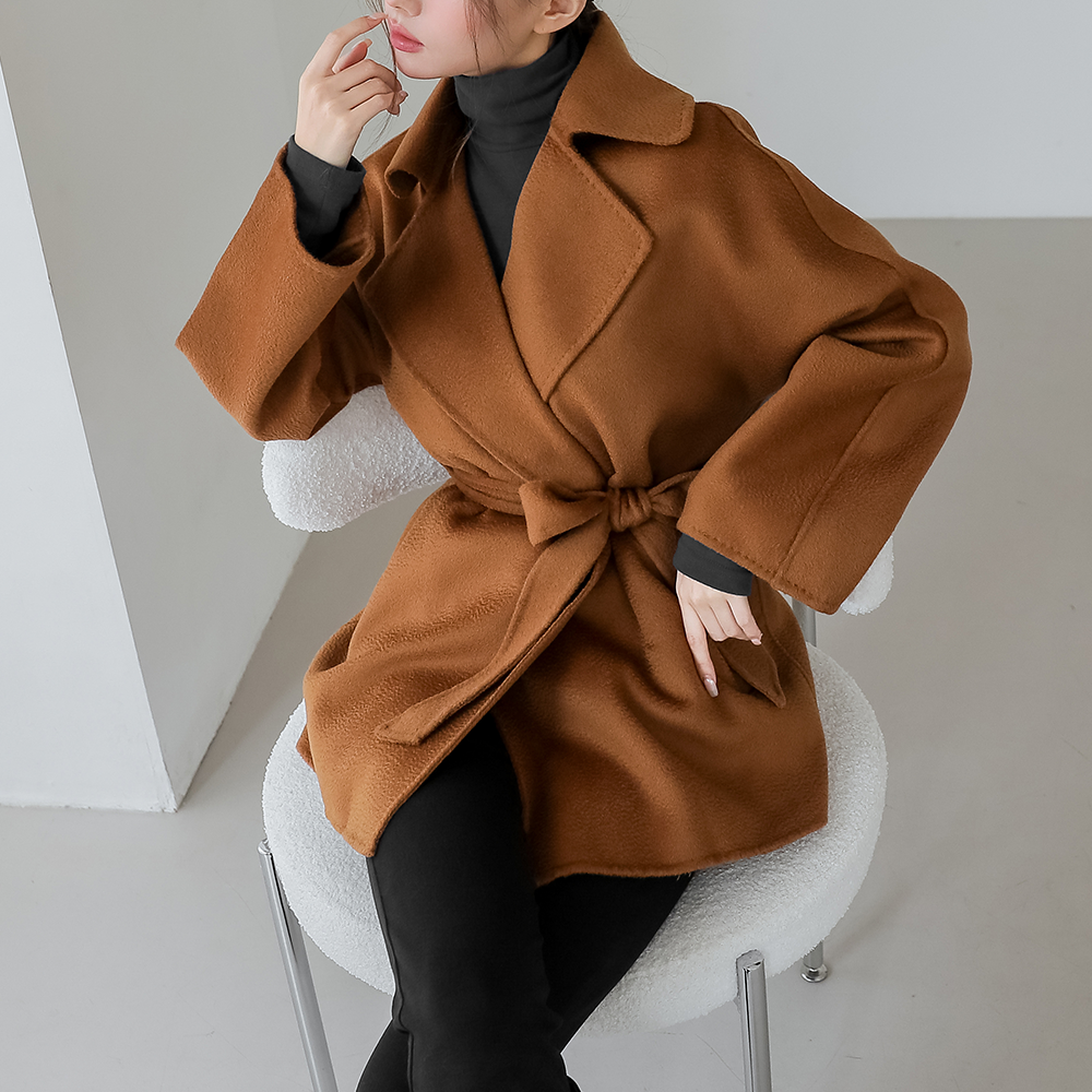 지블링 여성 울 핸드메이드 벨티드 랩 반코트 카멜 간절기 아우터