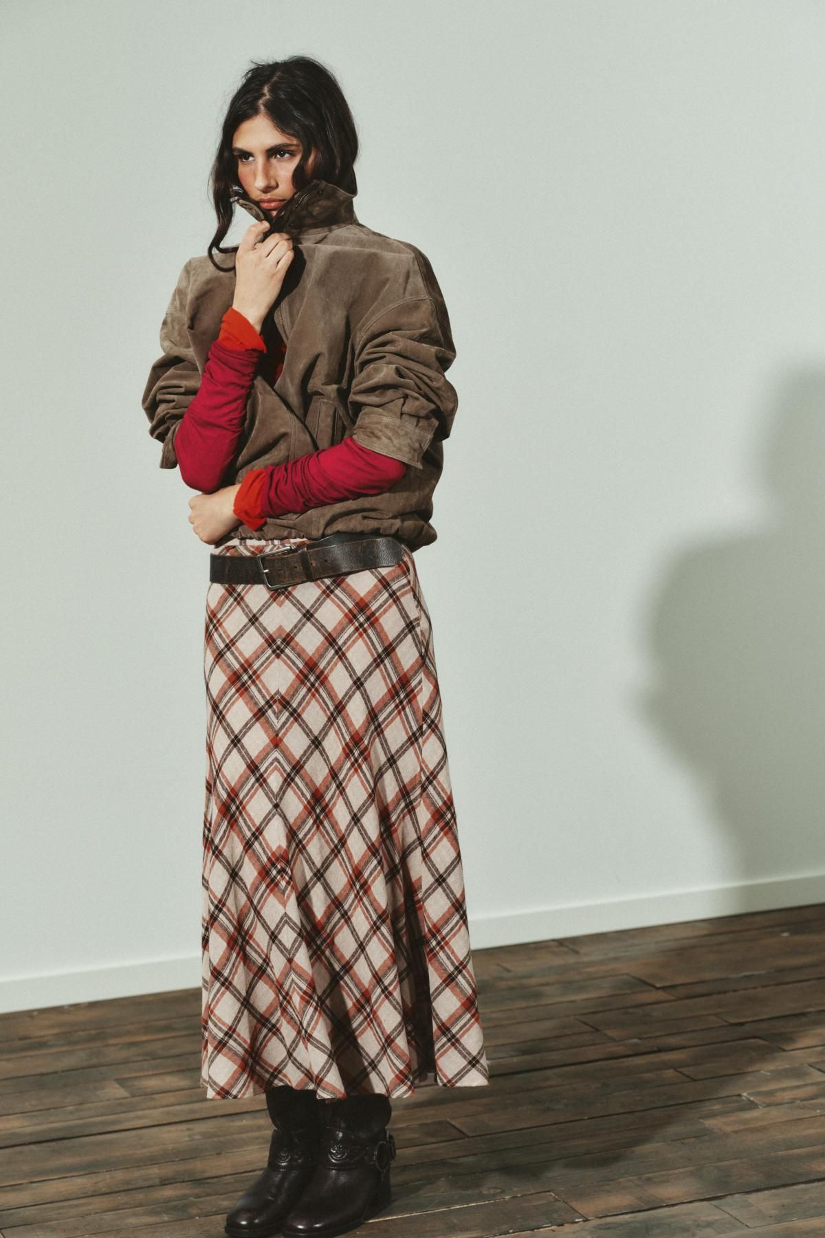 자라 체크 미디 스커트 코튼 블렌드 6929/525 BEIGE - 상세 이미지 2