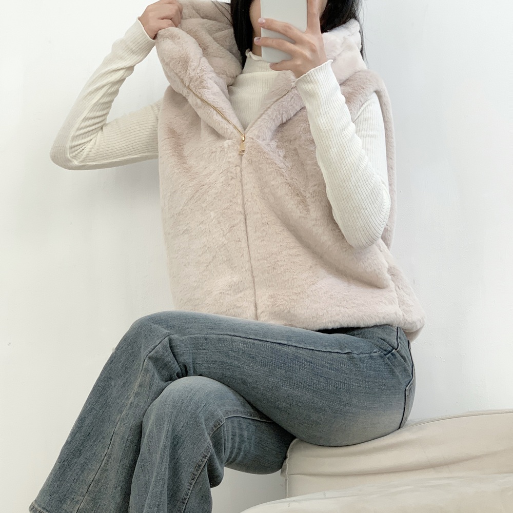 인조밍크베스트 후드 집업 겨울 퍼 털 레이어드 연말룩 조끼 - 상세 이미지 4
