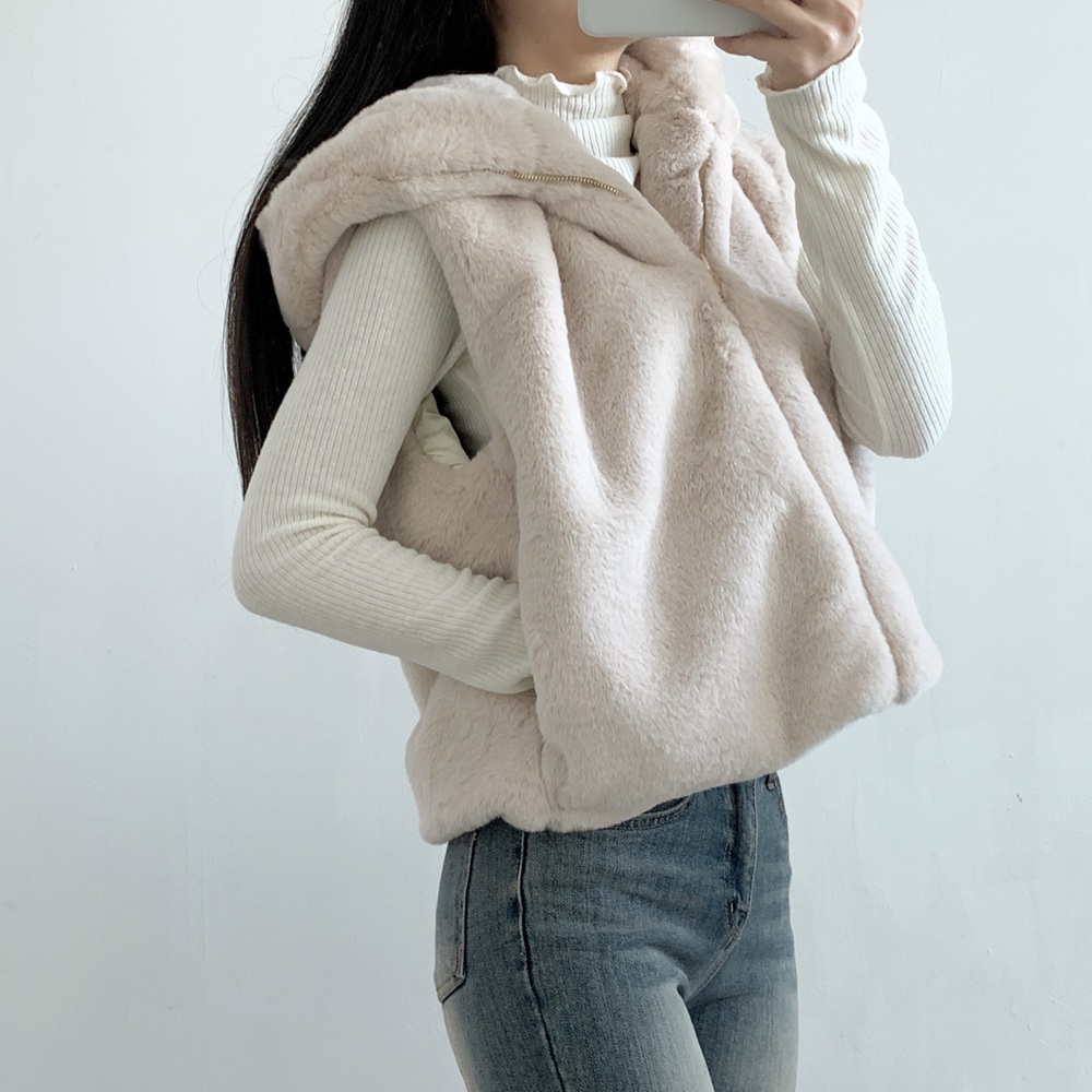 인조밍크베스트 후드 집업 겨울 퍼 털 레이어드 연말룩 조끼 - 상세 이미지 3