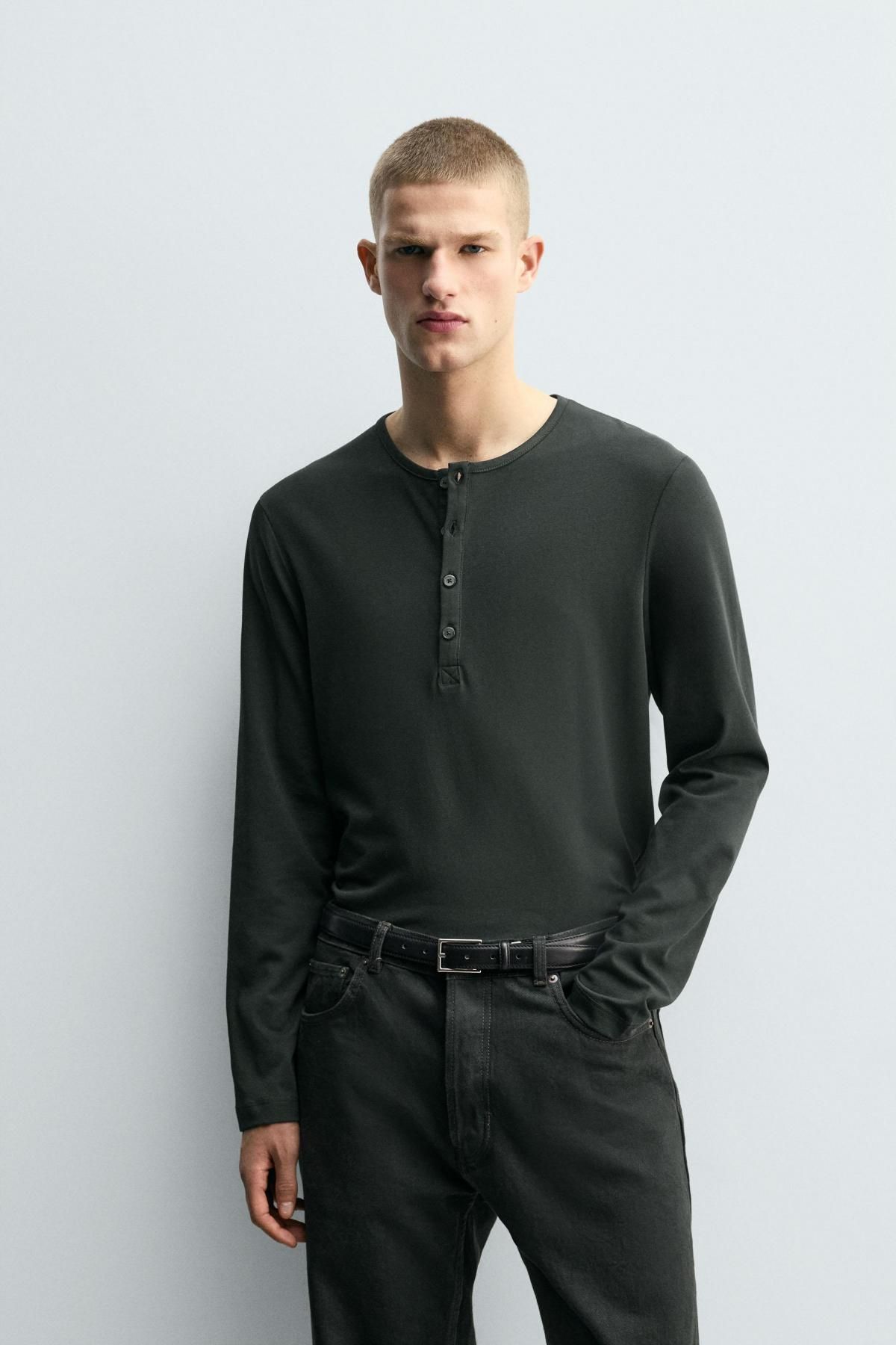 자라 릴랙스핏 헨리넥 긴팔 티셔츠 4087/396 DARK GREY - 상세 이미지 3