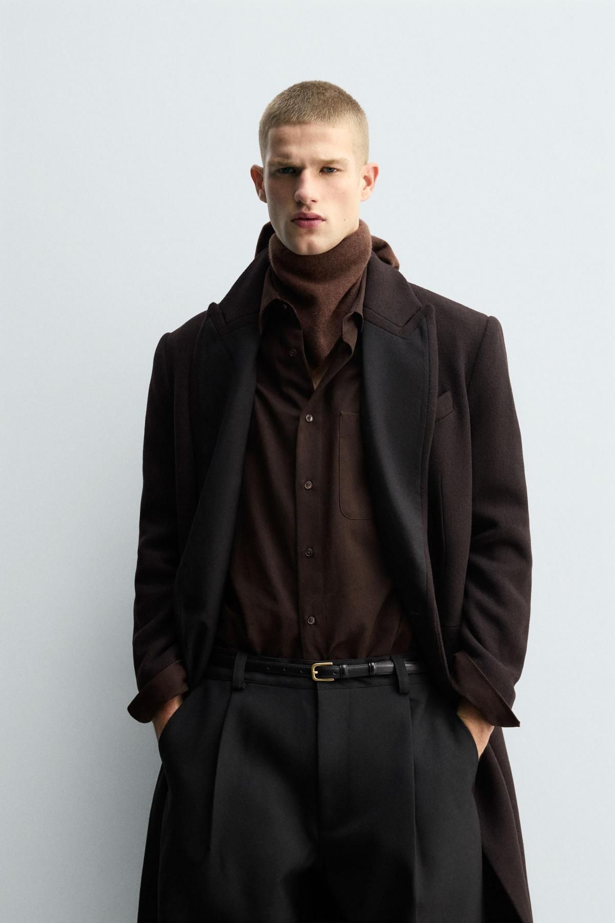 자라 울 더블브레스트 배색 라펠 코트 8281/716 DARK BROWN - 상세 이미지 3
