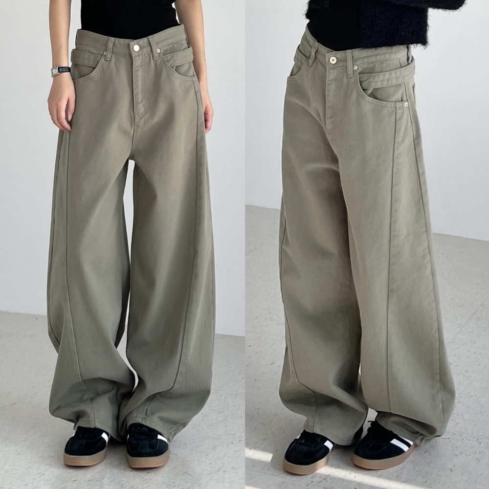 기모와이드팬츠 여성 겨울 벌룬핏 비조버튼 면 통바지 카키 브라운 블랙 커브절개 와이드팬츠 제품 이미지