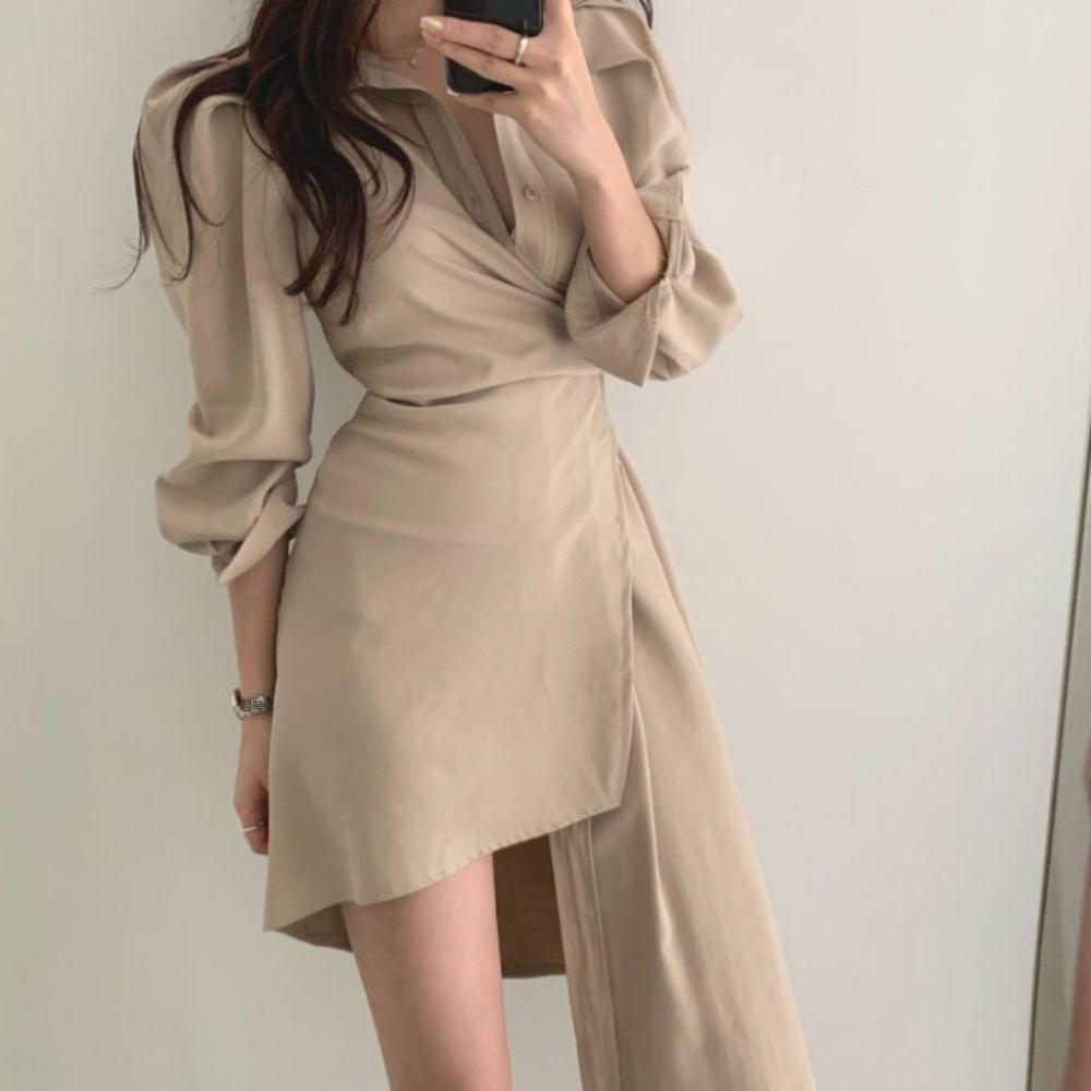 언발란스 랩원피스 긴팔 셔츠형원피스 시밀러룩 자켓이너 V 문자 블랙 + 5위안 한 사이즈 - 상품 이미지