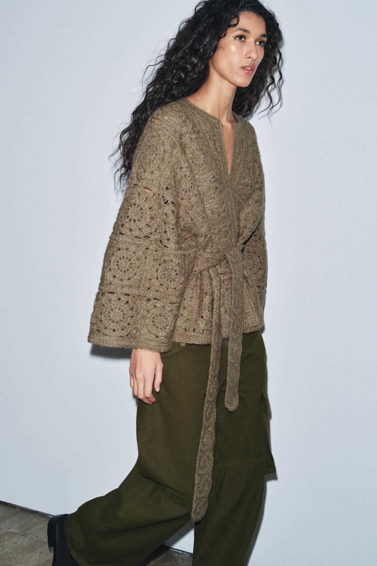 자라 레이스 오픈니트 벨티드 라운드넥 가디건 1957/107 LIGHT KHAKI - 상세 이미지 5