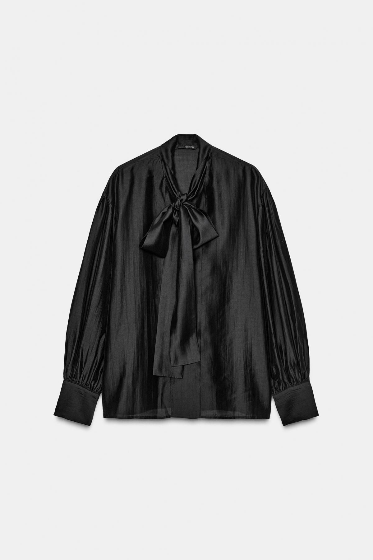 자라 새틴 블랙 타이넥 블라우스 4786/444 BLACK - 상품 이미지