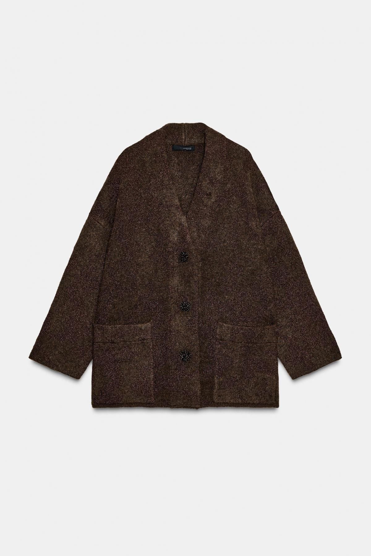 자라 메탈릭 브이넥 루즈핏 가디건 2756/106 BROWN - 메인 이미지