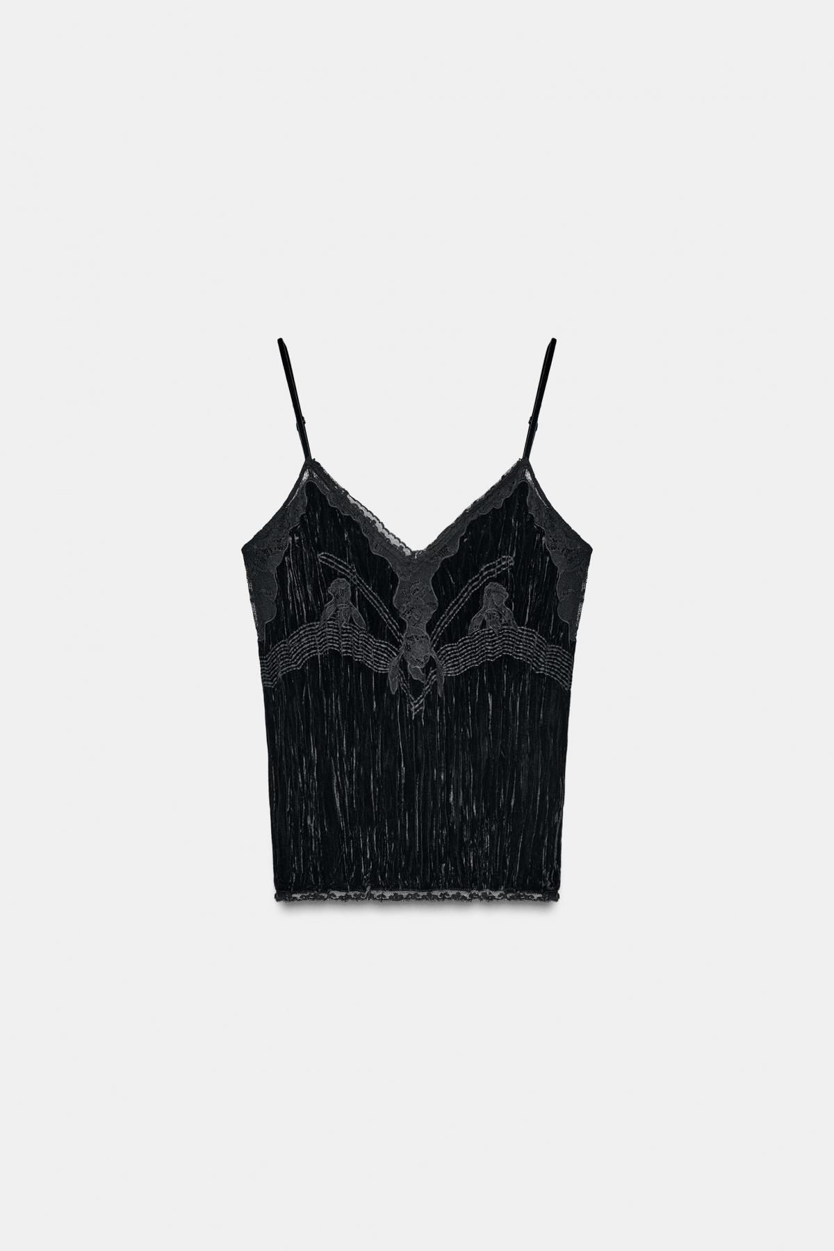 자라 벨벳 레이스 브이넥 스트랩 탑 7521/293 BLACK - 상품 이미지