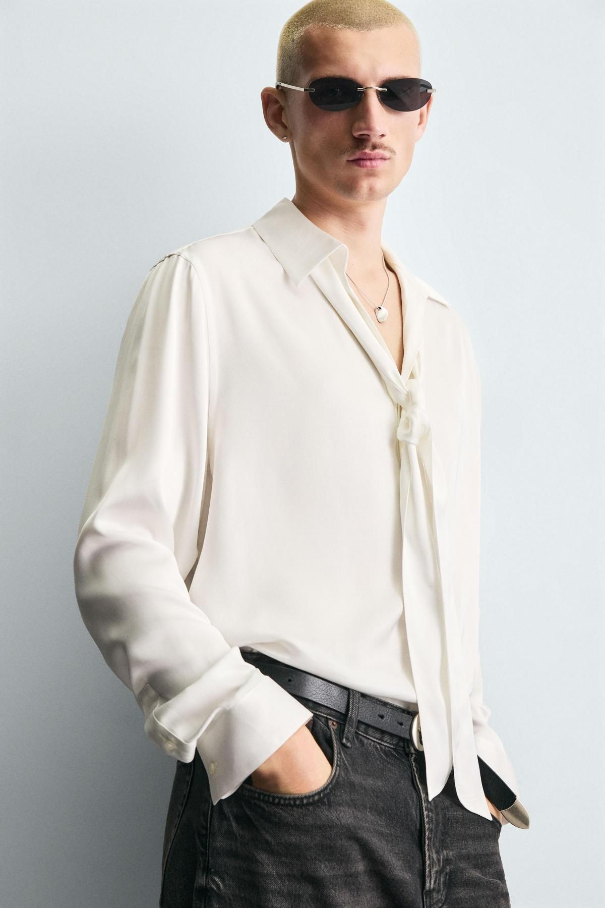 자라 테크니컬 비스코스 타이 긴팔 셔츠 9371/961 OYSTER-WHITE 이미지 6