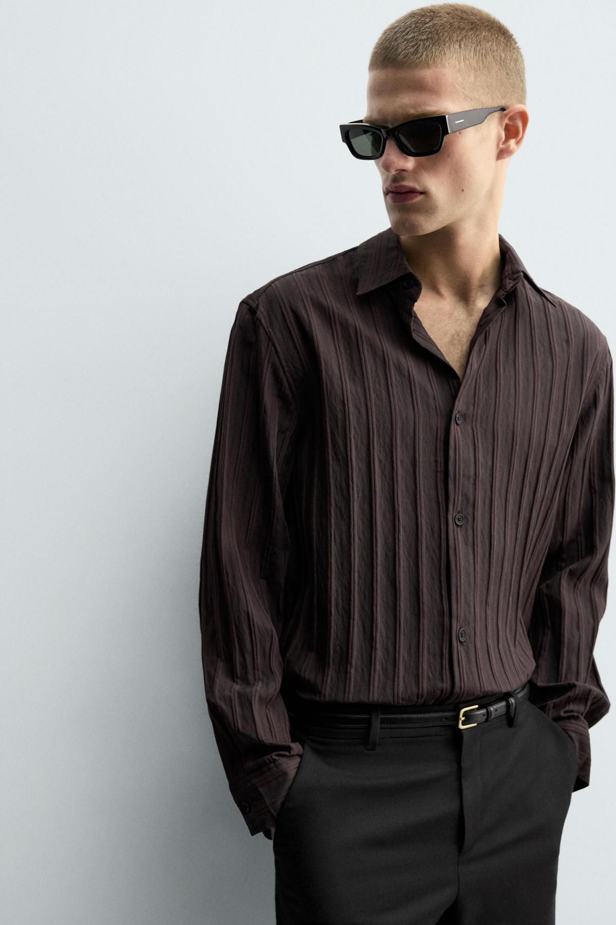 자라 스트라이프 자카드 릴렉스핏 긴팔 셔츠 1034/981 BROWN 이미지 6