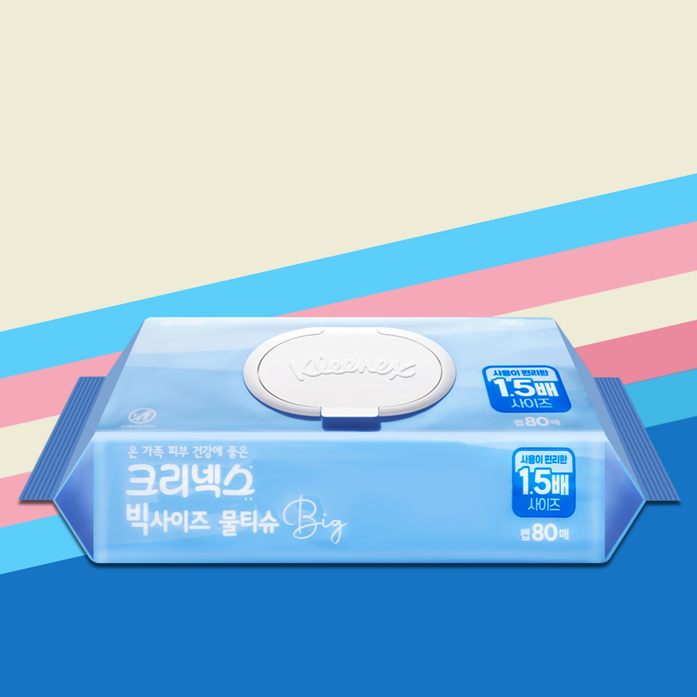 크리넥스 빅사이즈 물티슈 캡형 80매 1팩 큰사이즈 와이드 광폭 피부저자극 물티슈