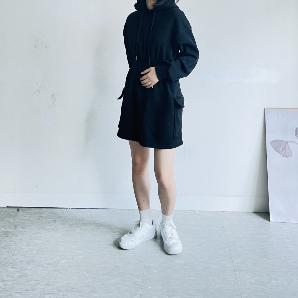 기모 후드원피스 키작녀 맨투맨 카고 미니 원피스 - 상세 이미지 5