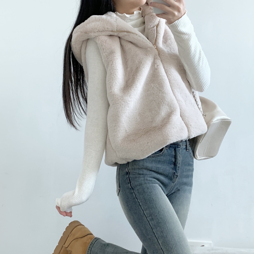인조밍크베스트 후드 집업 겨울 퍼 털 레이어드 연말룩 조끼 - 상세 이미지 5