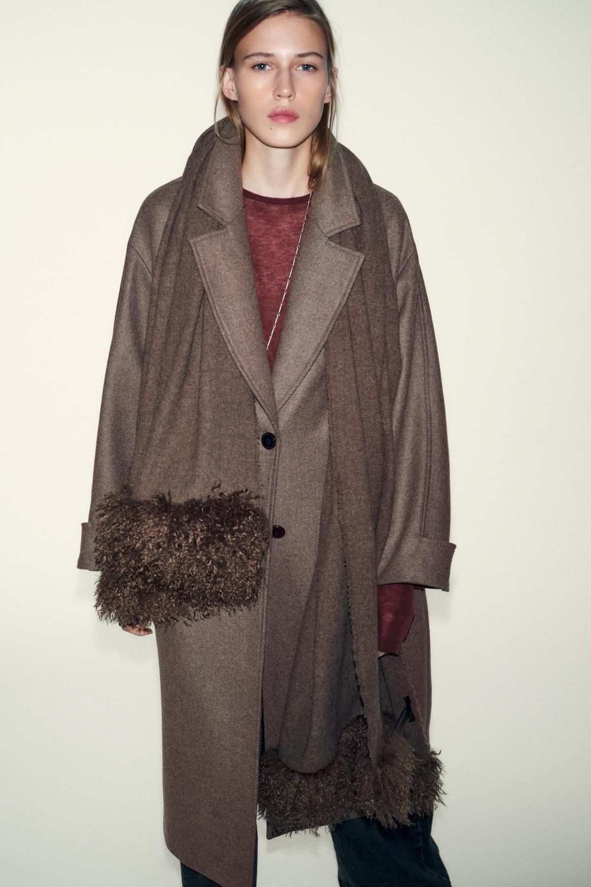 자라 프리미엄 울 퍼 디테일 머플러 1023/294 BROWN / TAUPE - 상세 이미지 2