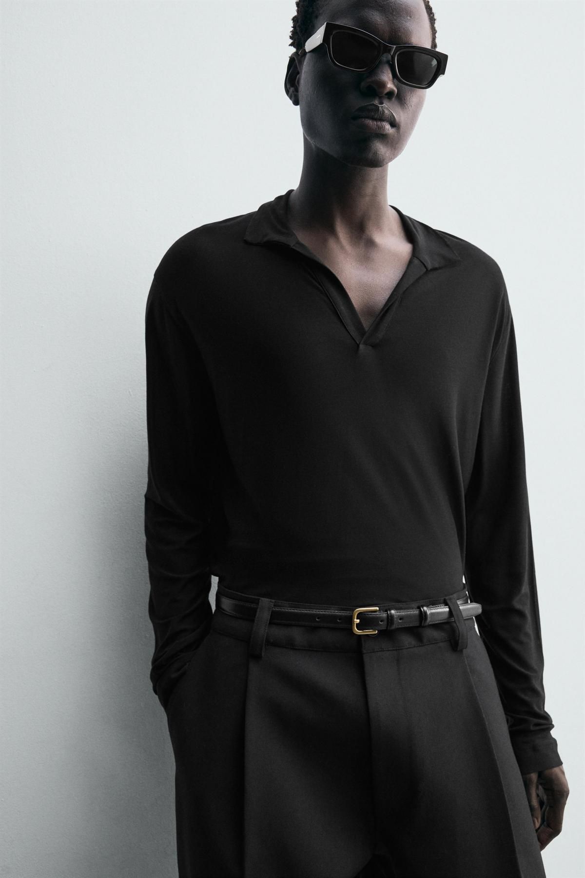 자라 세미시스루 라이오셀 긴팔 폴로셔츠 5644/397 BLACK 이미지 6
