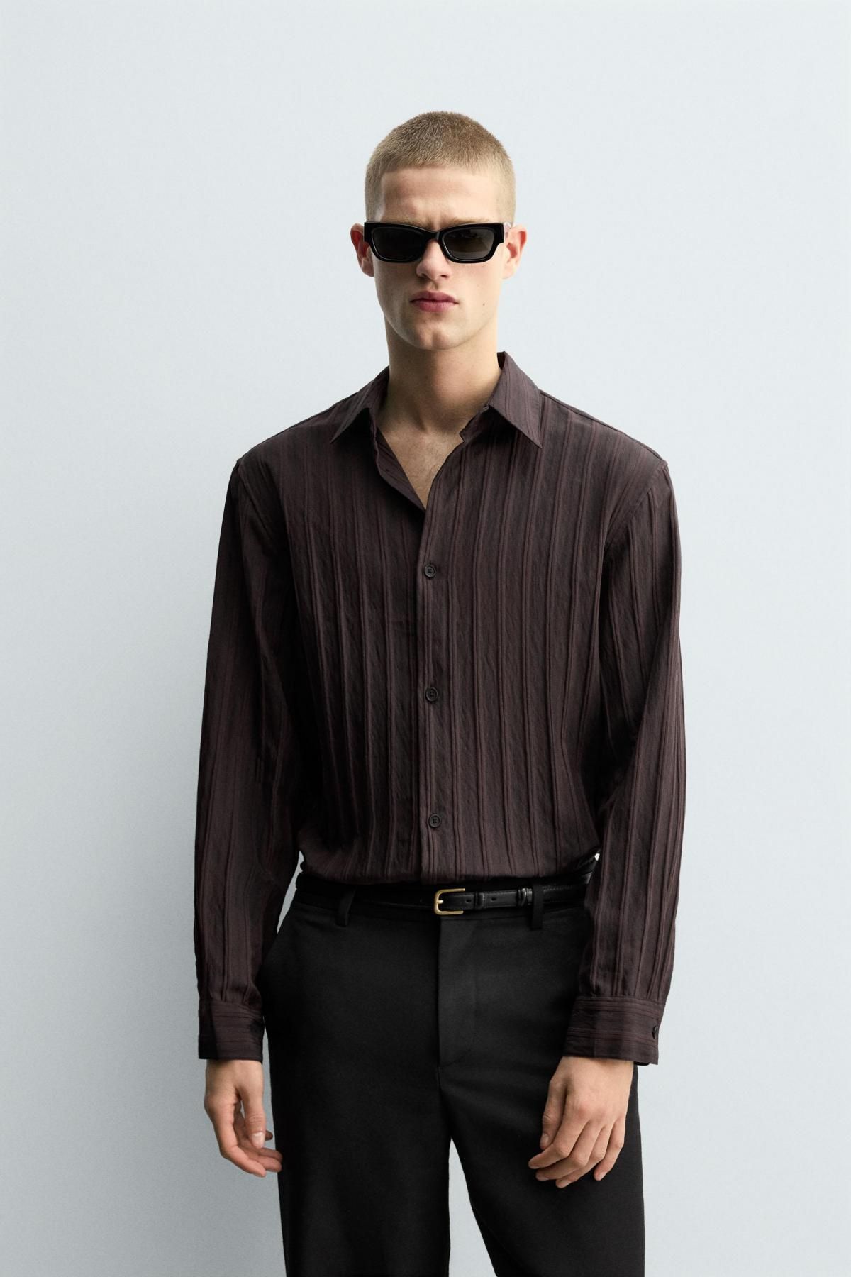 자라 스트라이프 자카드 릴렉스핏 긴팔 셔츠 1034/981 BROWN - 상세 이미지 3
