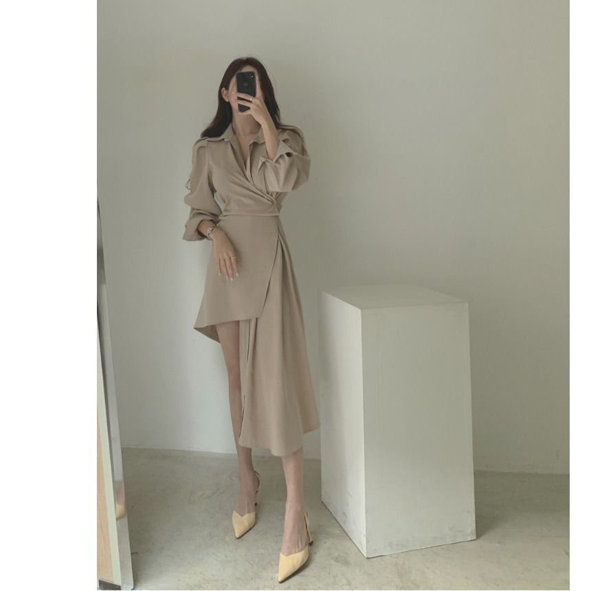 언발란스 랩원피스 긴팔 셔츠형원피스 시밀러룩 자켓이너 V 문자 블랙 + 5위안 한 사이즈 이미지 6