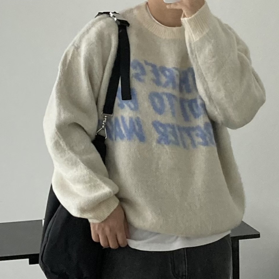 남자니트 오버핏 라운드 레터링 데어 남성긴팔스웨터 - 상세 이미지 4