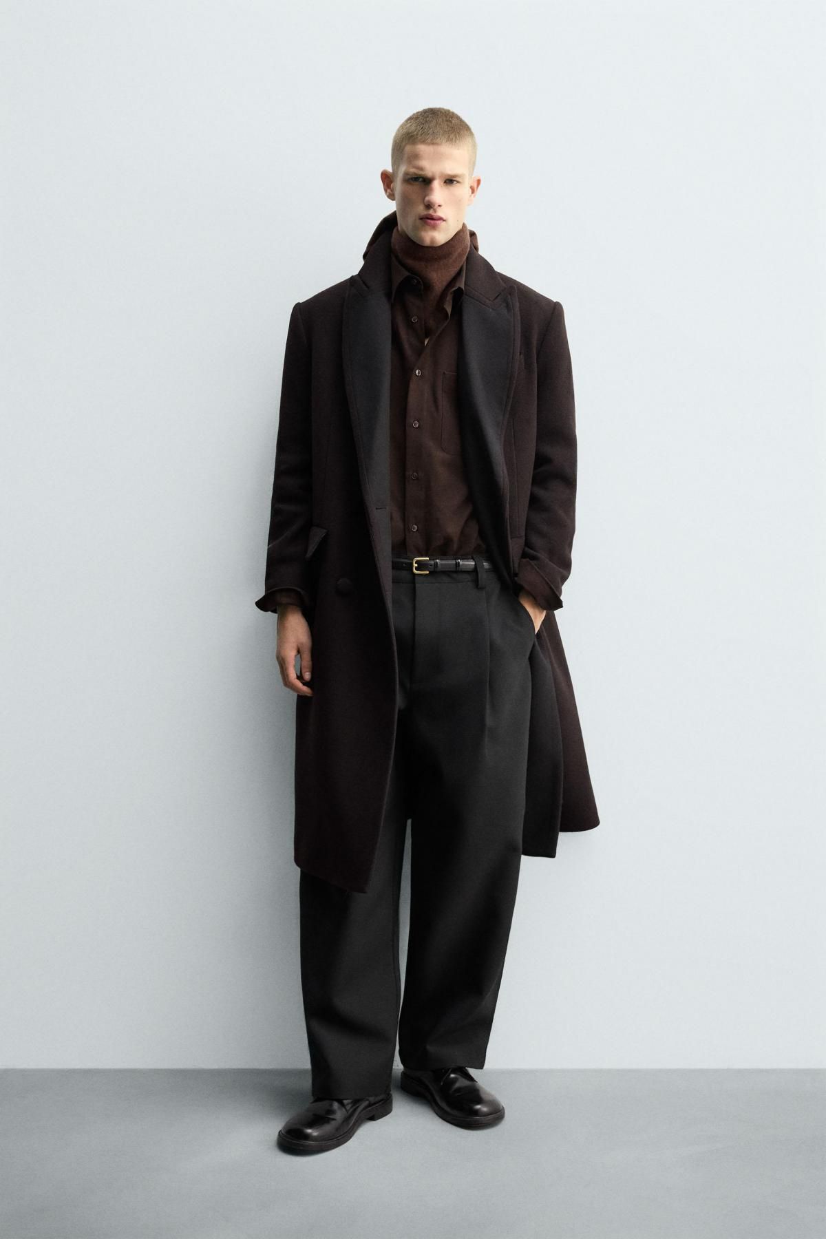 자라 울 더블브레스트 배색 라펠 코트 8281/716 DARK BROWN - 상세 이미지 2